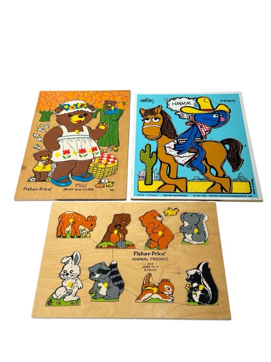 Fisher-Price Other - Lot of 3 VTG Puzzles - 2 Fisher-Price Wooden Animal & 1 Playskool Sesame Street